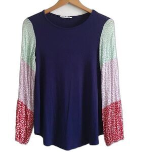 Raw Edge Patchwork Multicolor Elastic Cuff LongSleeve Crewneck PulloverTop Small